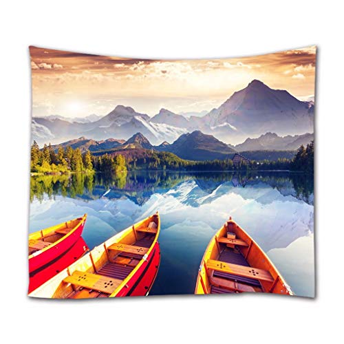 A.Monamour Wandteppiche Berg Wald Bäume Seen Boote Bewölkten Himmel Natur Landschaft Bild Kunstdruck Stoff Wandteppich Wandbehänge Wandbild Für Schlafzimmer Wohnzimmer 180x200cm von A.Monamour