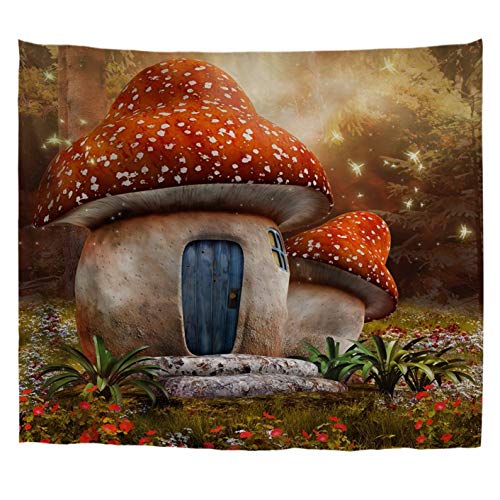 A.Monamour Wandteppiche Fantasie-Pilz-Hütte Auf Einer Bunten Wiese Verzaubert Wald Märchen-Szene Für Kinder Kunstdruck Stoff Hippie-Mandala-Wandteppich Wand Kunst Wandbehänge Tischdecke Bettdecke von A.Monamour