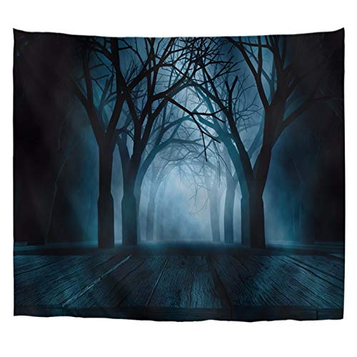 A.Monamour Wandteppiche Gruselig Blau Nebligen Wald Dunkel Nacht Holzbohlen Boden Halloween Hintergrund Kunstdruck Textilgewebe Wandbehang Tapisserie Wandbild Vorhang Indoor Außendekore 153x130cm von A.Monamour