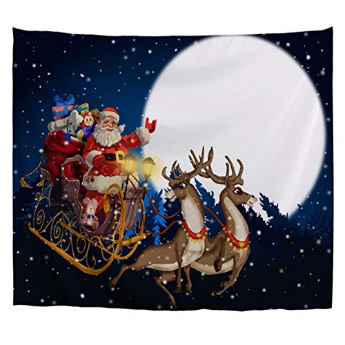 A.Monamour Wandteppiche Rentier Ziehen Schlitten Weihnachtsmann Runde Mond Blau Sternenhimmel Hintergründe Weihnachten Urlaub Kunstdruck Polyester Stoff Banner Wandbehang Fenster Vorhang 153x130cm von A.Monamour