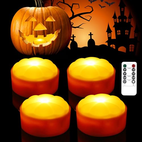 LED Licht mit Fernbedienung, 4 Stück LED Jack-O-Lantern Lichter, Halloween Kürbis Lichter LED Lampe, Batteriebetriebene Flammenlose Kerzen, Nachtlicht, LED-Teelichter, für Kürbis Halloween Deko von A.bigwhale