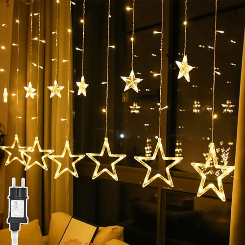 A.bigwhale LED Lichtervorhang Warmweiß, 12 Sterne 138 LED Vorhang Lichterkette Sterne, Weihnachtesbeleuchtung Fenster Lichterkette Innen Strombetrieben 8 Modi für Weihnachten Hochzeit Party Deko von A.bigwhale