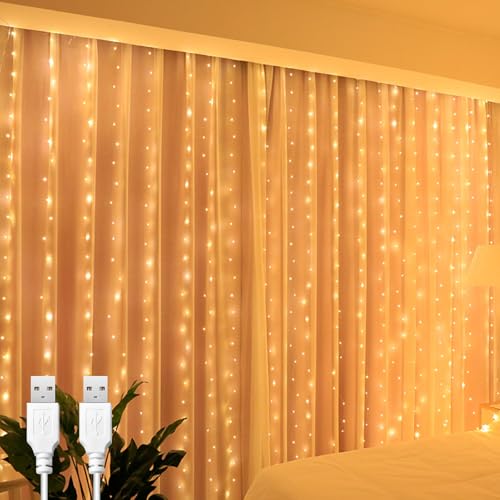 A.bigwhale Lichtervorhang 2x2m, 2 Stück Lichterketten Vorhang Innen, 200 LED Lichterkette Hängend USB Lichtervorhang Warmweiß für Hochzeit Party Weihnachten Wand Fenster Schlafzimmer Deko von A.bigwhale