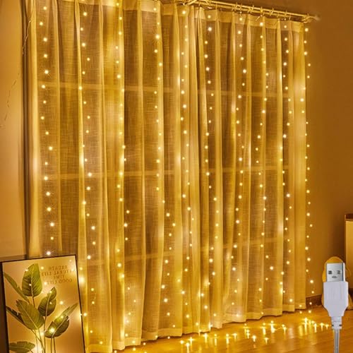 A.bigwhale Lichtervorhang 2x2m, lichterketten Vorhang Innen, 200 LED lichterkette hängend USB Lichtervorhang Warmweiß für Ramadan Hochzeit Party Weihnachten Wand Schlafzimmer Deko von A.bigwhale