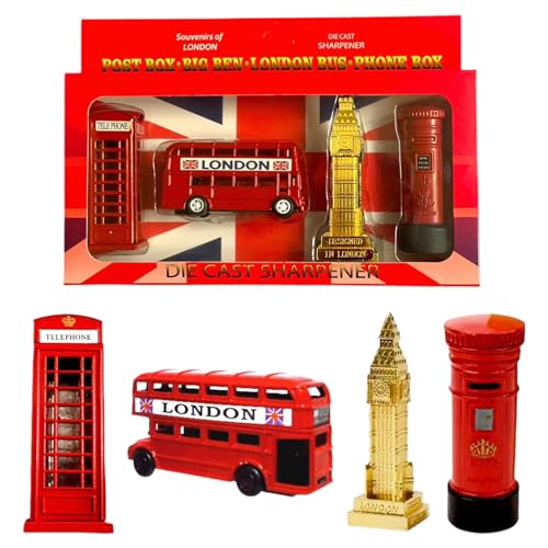 Spitzer-Set mit London-Doppeldecker-Roter Bus, Big Ben, Telefonzelle und Briefkasten, aus Druckguss-Metall und Kunststoffteilen von A1 Gifts