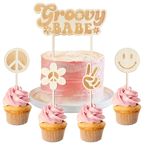 A1DIEE 5 Stücke Groovy Babe Birthday Wood Cake Toppers Boho Retro Hippie Cupcake Dekoration Lächeln Gänseblümchen Blume Victory Peace Zeichen Rustikale Holz Kuchen Smash Topper für Geburtstagsparty von A1DIEE