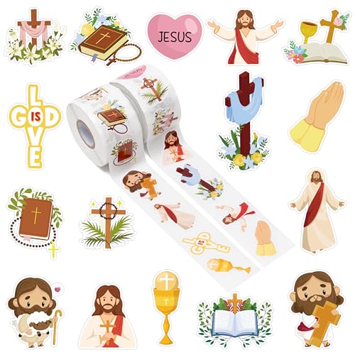 A1DIEE Jesus Christ Aufkleber Rolle - 1000 Stück Religiöse Muster Selbstklebende Roller Sticker Belohnungsaufkleber DIY Vinyl Siegelaufkleber für Scrapbooking Laptop Party Tasche von A1DIEE