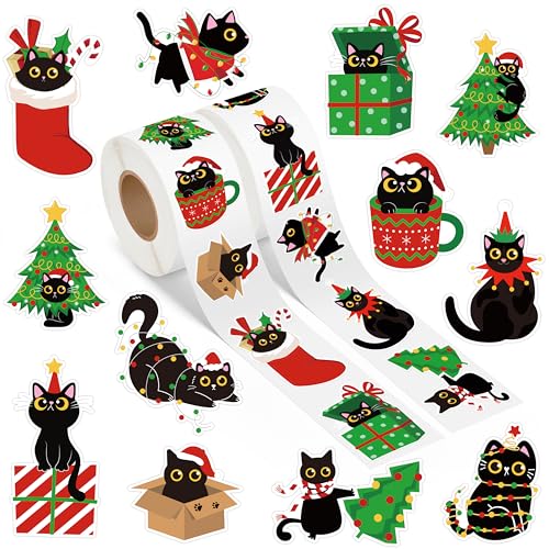 A1DIEE Weihnachten Katze Aufkleber Rolle - 1000 Stück Selbstklebende Roller Sticker Belohnungsaufkleber DIY Vinyl Siegelaufkleber für Scrapbooking Laptop Party Tasche von A1DIEE