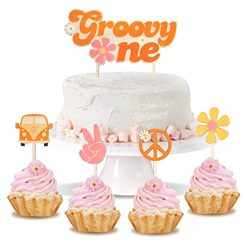 A1diee 5 Stück Groovy One Tortendeko 1 Geburtstag für Kinder Retro Hippie Cake Topper Gänseblümchen Blume Victory Peach Tortenaufsatz aus Holz Kindergeburtstag Torte Toppers für Junge Mädchen von A1DIEE