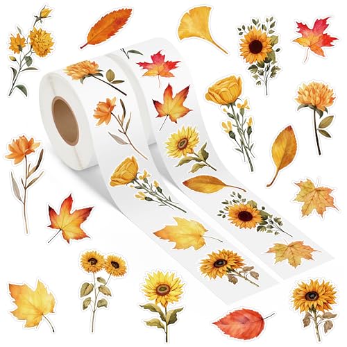 A1diee Herbst Sonnenblume Aufkleber Rolle - 1000 Stück Selbstklebende Roller Sticker Belohnungsaufkleber DIY Vinyl Siegelaufkleber für Scrapbooking Laptop Party Tasche von A1DIEE