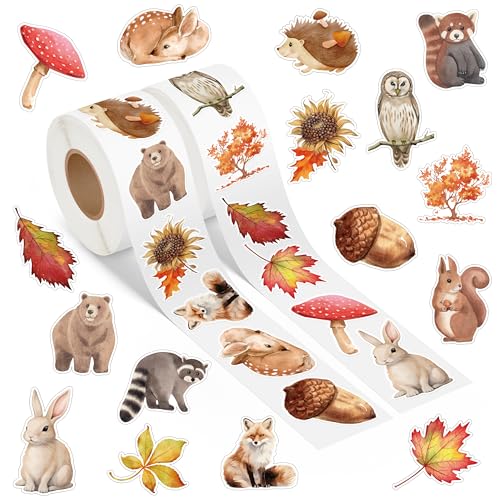 A1diee Herbst Waldtiere Aufkleber Rolle - 1000 Stück Selbstklebende Roller Sticker Belohnungsaufkleber DIY Vinyl Siegelaufkleber für Scrapbooking Laptop Party Tasche von A1DIEE