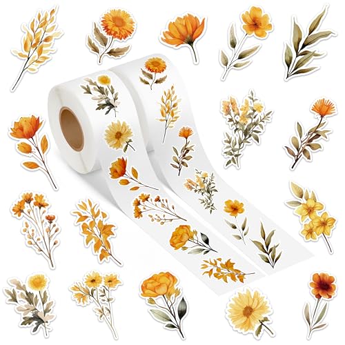 A1diee Orange Blume Aufkleber Rolle - 1000 Stück Selbstklebende Roller Sticker Belohnungsaufkleber DIY Vinyl Siegelaufkleber für Scrapbooking Laptop Party Tasche von A1DIEE