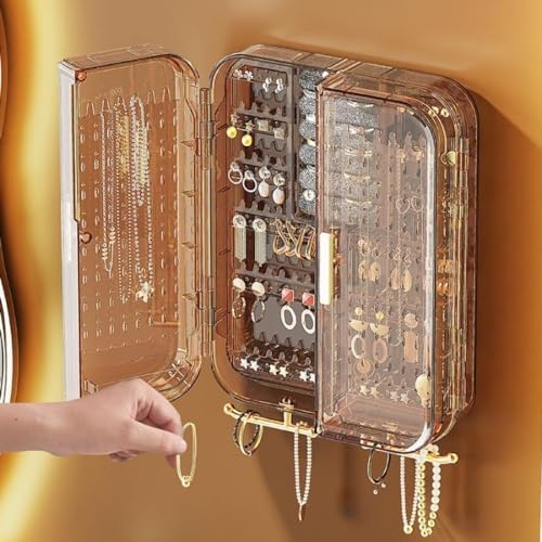 AAHIFIT Transparente große Schmuckschatulle, Wandmontage, Schmuck-Organizer, Ständer mit 8 Fächern für Halsketten, Ohrringe, Armbänder, Ringe (braun) von AAHIFIT