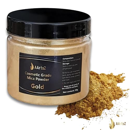 Epoxidharz Farbe Metallic Gold 50g Jar, AArtsZ Mica Powder Pulver, Farbpigmente, Perlglanz Natürliches kosmetisches Pigmentpulver für Lipgloss, Nagellack, Make-up, Seifenfarbe, Badebomben von AArtsZ