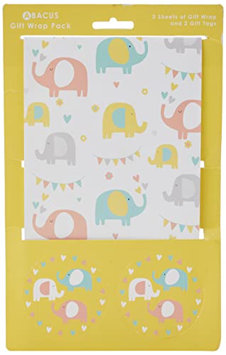 Abacus 10007A "Elephant Fun" Geschenkpapier-Set mit 2 Bögen/Anhängern, vollständig recycelbar, 500 mm x 700 mm von Abacus