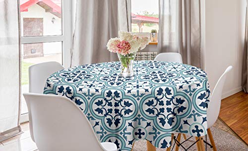 ABAKUHAUS Azulejo Runde Tischdecke, Ethnic portugiesisches Mosaik, Kreis Tischdecke Abdeckung für Esszimmer Küche Dekoration, 150 cm, Dunkle Teal und Weiß von ABAKUHAUS