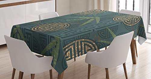 ABAKUHAUS Bambus Tischdecke, Authentische asiatische Motive, Für den Inn und Outdoor Bereich geeignet Waschbar Druck Klar Kein Verblassen, 140 x 240 cm, Elfenbein Teal Tan von ABAKUHAUS