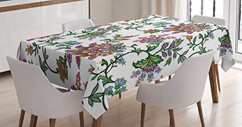 ABAKUHAUS Blume Tischdecke, Vintage Blumenverzierungen, Für den Inn und Outdoor Bereich geeignet Waschbar Druck Klar Kein Verblassen, 140 x 200 cm, Mehrfarbig von ABAKUHAUS