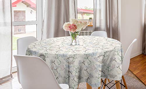 ABAKUHAUS Blumen Insekten Runde Tischdecke, Pastellschmetterlinge, Kreis Tischdecke Abdeckung für Esszimmer Küche Dekoration, 150 cm, Champagne und Multicolor von ABAKUHAUS