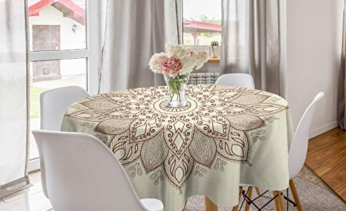 ABAKUHAUS Brown Mandala Runde Tischdecke, runde Spitze, Kreis Tischdecke Abdeckung für Esszimmer Küche Dekoration, 150 cm, Brown und Elfenbein von ABAKUHAUS