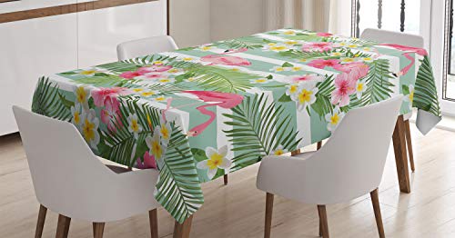 ABAKUHAUS Flamingo Tischdecke, Exotische Hawaii-Blatt, Wasserfest Waschbar mit Klar Sichtbaren Farben kein Verblassen Personalisiert, 140 x 240 cm, Grünes Rosa Weiß von ABAKUHAUS