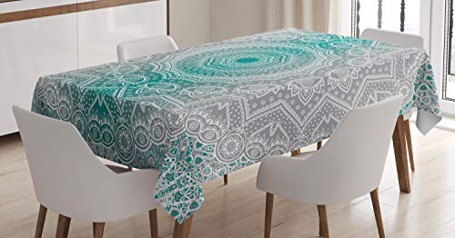 ABAKUHAUS Grau und Teal Tischdecke, Mandala Occult Motiv, Pflegeleicht mit Modernster Druck Technologie Waschbar und Personalisiert, 140 x 200 cm, Teal Grau von ABAKUHAUS