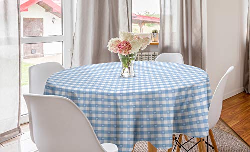 ABAKUHAUS Kariert Runde Tischdecke, Gingham mit Herzen, Kreis Tischdecke Abdeckung für Esszimmer Küche Dekoration, 150 cm, Blassblau Weiß von ABAKUHAUS