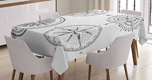 ABAKUHAUS Kompass Tischdecke, Seafaring Monochrome, Wasserfest Waschbar mit Klar Sichtbaren Farben kein Verblassen Personalisiert, 140 x 170 cm, Grau Weiß von ABAKUHAUS