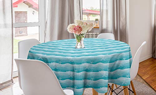 ABAKUHAUS Nautisch Runde Tischdecke, Fische auf Ombre Meer Wellen, Kreis Tischdecke Abdeckung für Esszimmer Küche Dekoration, 150 cm, Baby Blue Blau von ABAKUHAUS