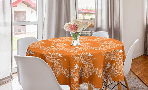 ABAKUHAUS Orange Runde Tischdecke, Japanische Baum-Vogel-Kunst, Kreis Tischdecke Abdeckung für Esszimmer Küche Dekoration, 150 cm, Marigold Weiß von ABAKUHAUS