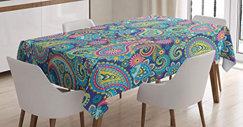 ABAKUHAUS Paisley Tischdecke, Bohem Bunte, Druck mit Klaren Farben ohne Verblassen Waschbar für innen oder Außen Bereich, 140 x 200 cm, Türkis Rosa von ABAKUHAUS