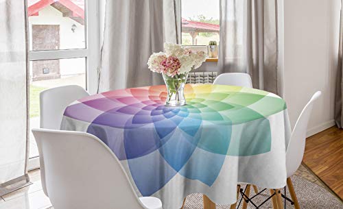 ABAKUHAUS Regenbogen-Mandala Runde Tischdecke, Regenbogen-Töne Petal, Kreis Tischdecke Abdeckung für Esszimmer Küche Dekoration, 150 cm, Weiß Mehrfarbig von ABAKUHAUS