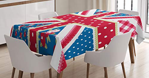 ABAKUHAUS Shabby Chic Tischdecke, Britische Flagge Floral, Pflegeleicht mit Modernster Druck Technologie Waschbar und Personalisiert, 140 x 170 cm, Rot Blau Weiß von ABAKUHAUS