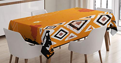 ABAKUHAUS Stammes Tischdecke, Ethnisches afrikanisches Design, Für den Inn und Outdoor Bereich geeignet Waschbar Druck Klar Kein Verblassen, 140 x 200 cm, Orange Weiß und Schwarz von ABAKUHAUS