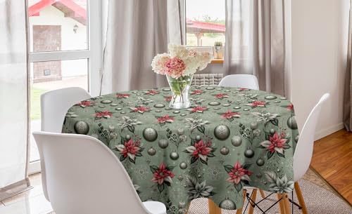 ABAKUHAUS Weihnachten Runde Tischdecke, Traumhafte Weihnachts-Schneeflocken, Kreis Tischdecke Abdeckung für Esszimmer Küche Dekoration, 150 cm, Laurel Grün Korallenrot Grau von ABAKUHAUS