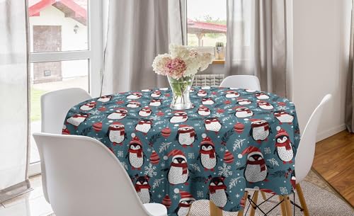 ABAKUHAUS Weihnachten Runde Tischdecke, Windige Weihnachtsnacht Pinguin, Kreis Tischdecke Abdeckung für Esszimmer Küche Dekoration, 150 cm, Zinnoberrot Grau Blaugrau von ABAKUHAUS