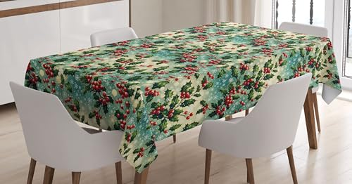 ABAKUHAUS Weihnachten Tischdecke, Toyon Weihnachtsbeeren Druck, Personalisierter Druck mit Klaren Farben Waschbar Wasserfest kein Verblassen, 140 x 170 cm, Farngrün Zinnoberrot von ABAKUHAUS