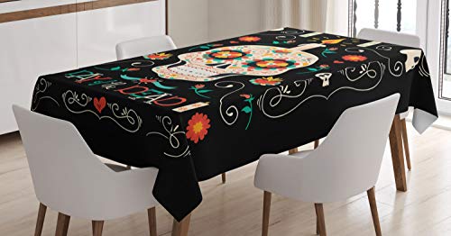 ABAKUHAUS Zuckerschädel Tischdecke, Calavera und Kerze, Druck mit Klaren Farben ohne Verblassen Waschbar für innen oder Außen Bereich, 140 x 170 cm, Schwarz Beige von ABAKUHAUS