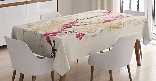 ABAKUHAUS japanisch Tischdecke, Letters Sakura Blumen, Personalisierter Druck mit Klaren Farben Waschbar Wasserfest kein Verblassen, 140 x 200 cm, Beige Rosa von ABAKUHAUS