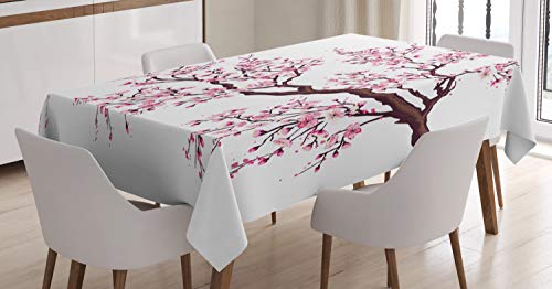 ABAKUHAUS japanisch Tischdecke, Sakura Branch Blüten, Für den Inn und Outdoor Bereich geeignet Waschbar Druck Klar Kein Verblassen, 140 x 240 cm, Dunkelbraun Rosa von ABAKUHAUS