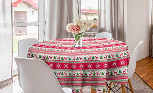 ABAKUHAUS nordisch Runde Tischdecke, Needlework Stil Weihnachten, Kreis Tischdecke Abdeckung für Esszimmer Küche Dekoration, 150 cm, Rosa Kalk-Grün Weiß von ABAKUHAUS