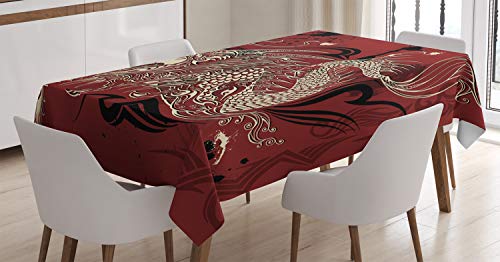 ABAKUHAUS orientalisch Tischdecke, Japanisches Drachen-Gekritzel, Für den Inn und Outdoor Bereich geeignet Waschbar Druck Klar Kein Verblassen, 140 x 170 cm, Elfenbein Rubin von ABAKUHAUS