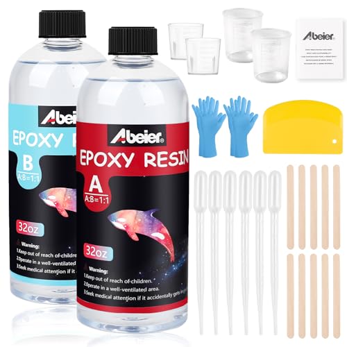 ABEIER Epoxidharz Set, 1890 ml/64 oz Epoxidharz mit Härter 1: 1 Verhältnis, Glasklar Gießharz mit Messbecher, Holzstäbchen, Pipetten, für DIY Schmuckherstellung, Handwerk, Holz, Aquarium (945ml x 2) von ABEIER