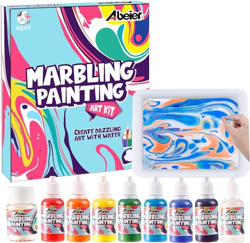 ABEIER Marmorierfarbe Kunst Set, 8 Farben Wassermalerei bastelsets für kinder, Kreatives Geschenk, Bemalen Graffiti Set mit 19 Stück Zubehör, Spielzeug Geschenke für Mädchen und Jungen ab 6 Jahre von ABEIER