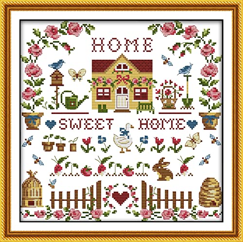 ABEUTY Home Sweet Home Kreuzstich-Set für Erwachsene, vorgedruckt, 14-karätiges Stickerei-Starter-Set, geprägte DMC-Handarbeit, einfache Anfänger (gestempeltes Zuhause) von ABEUTY