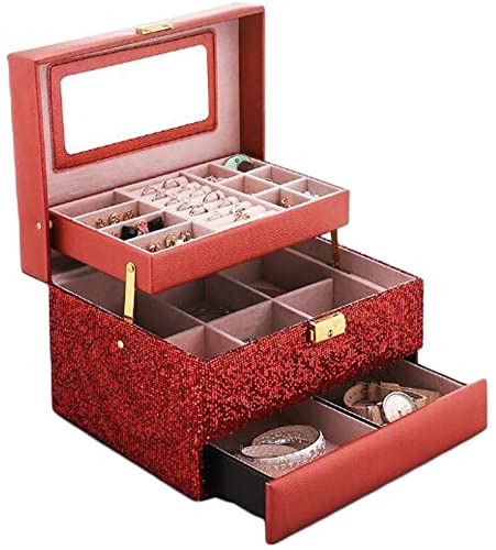 ABNNHK Schmuckschatulle, 2-lagige Schmuckschatulle mit Metallschnalle und großer Spiegelbox, Aufbewahrungsbox aus Flanell, Schmuckhalter mit zweifarbigem Design (Farbe: B) (C) von ABNNHK