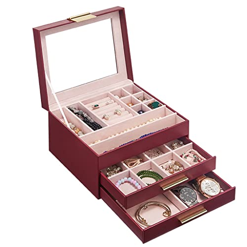 ABNNHK Schmuckschatulle Schmuckschatulle mit Glasdeckel, 3-lagiger Schmuck-Organizer mit 2 Schubladen, Schmucketui, Schmuckdisplay, Aufbewahrung, Geschenk für Frauen, Schmuckhalter (Farbe von ABNNHK