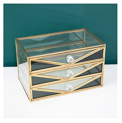 ABNNHK Schmuckschatulle aus Glas mit 3 Schubladen, Schmuck-Organizer-Box aus Messing, Dekoration für Ringe, Halsketten, Ohrringe, Aufbewahrungsbox, Schmuckhalter für Damen (Farbe: B-Trans von ABNNHK