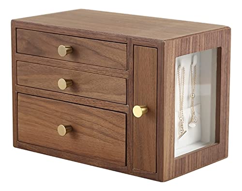 ABNNHK Schmuckschatulle aus Holz mit 4 Schubladen, Schmuck-Organizer, Schmuckdisplay aus Glas, Aufbewahrungsbox für Ohrringe, Ringe und Halsketten für Frauen, Schmuckhalter (Walnuss, 25,5 von ABNNHK