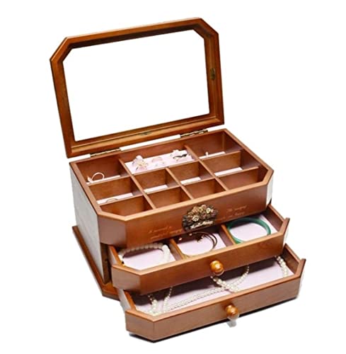 ABNNHK Schmuckschatulle aus Massivholz, Schmuck-Organizer-Box, 3-lagige Schmuckvitrine, Aufbewahrungsbox für Ohrringe, Ringe, Halsketten, Armbänder, Schmuckhalter (A 28 x 18,5 x 16,5 cm) von ABNNHK